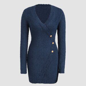 Navy Boucle Knit Mini Sweater Dress